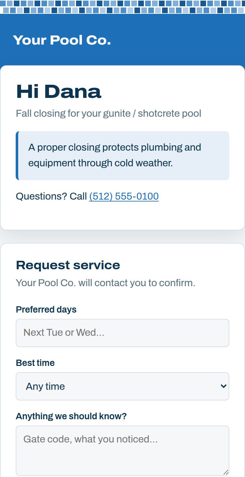 The page a homeowner opens from a reminder: the pool company's name and color, a care tip, a phone number, and a Request service form.