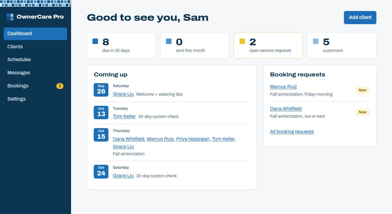 The OwnerCare Pro dashboard: reminders due this month and two new service requests waiting.