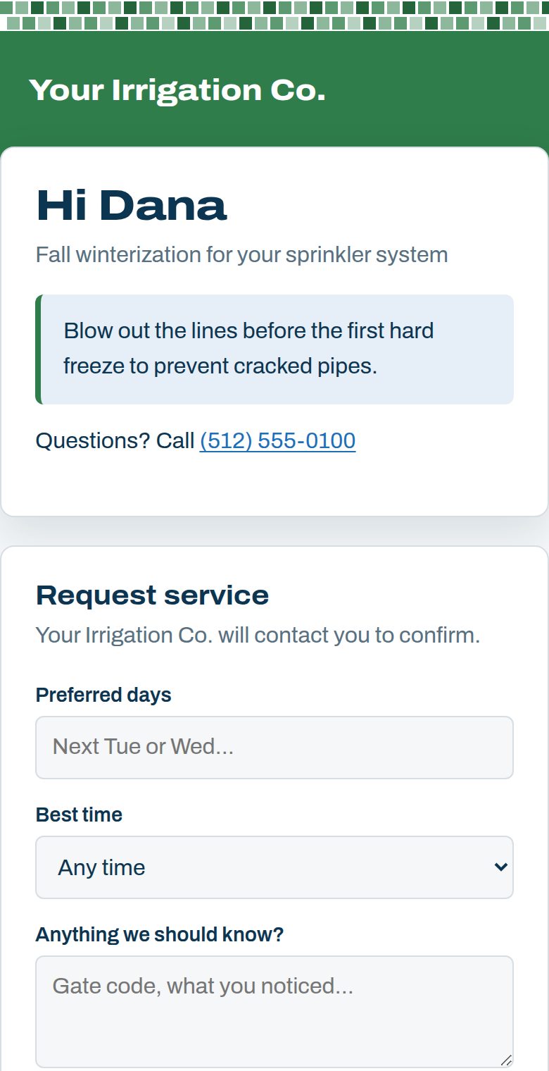 The page a homeowner opens from a reminder: the irrigation company's name and color, a care tip, a phone number, and a Request service form.