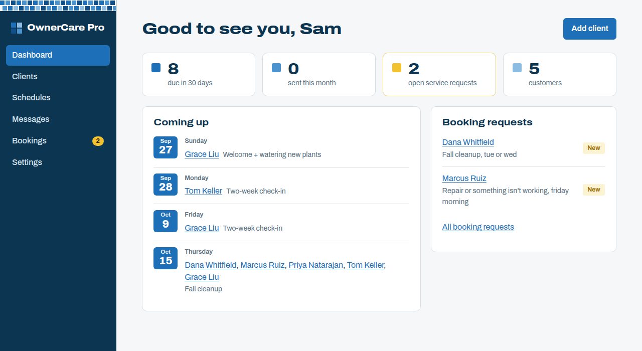 The OwnerCare Pro dashboard: reminders due this month and two new service requests waiting.