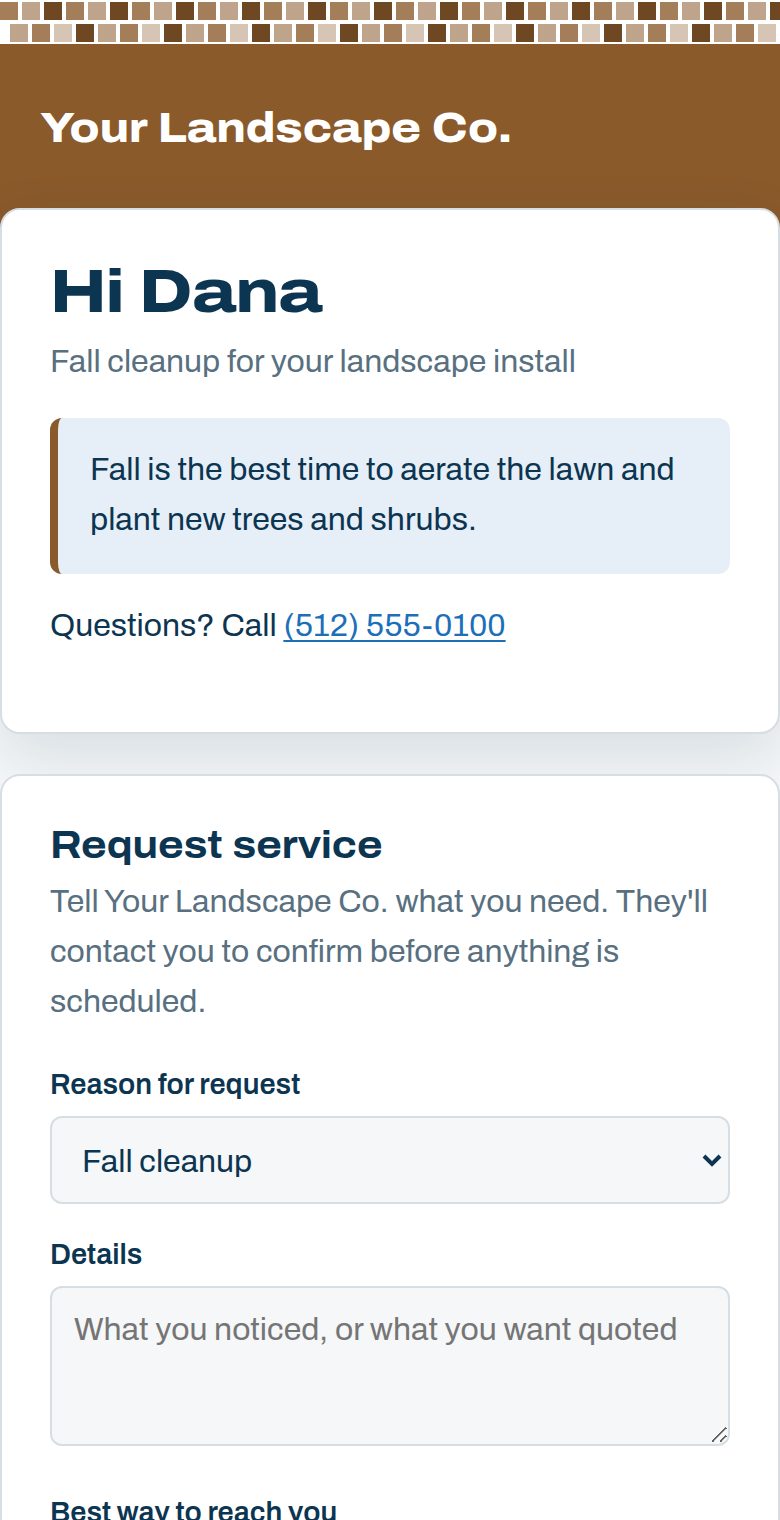 The page a homeowner opens from a reminder: the landscaping company's name and color, a care tip, a phone number, and a Request service form.
